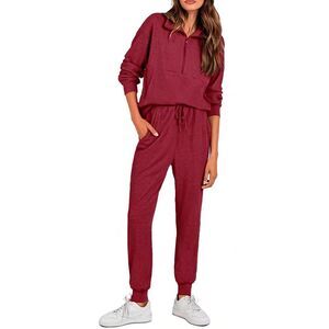 2 Piece Lounge Set Large Red Ribbed Half Zip Pullover Sweatshirt Jogger Pants